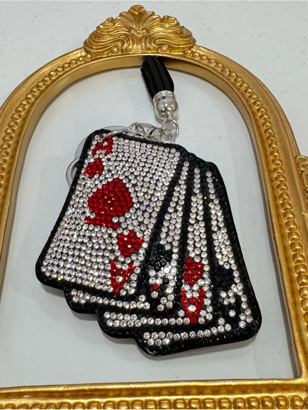 New Crystal Card Fan Keychain with Tassel - Black & Red